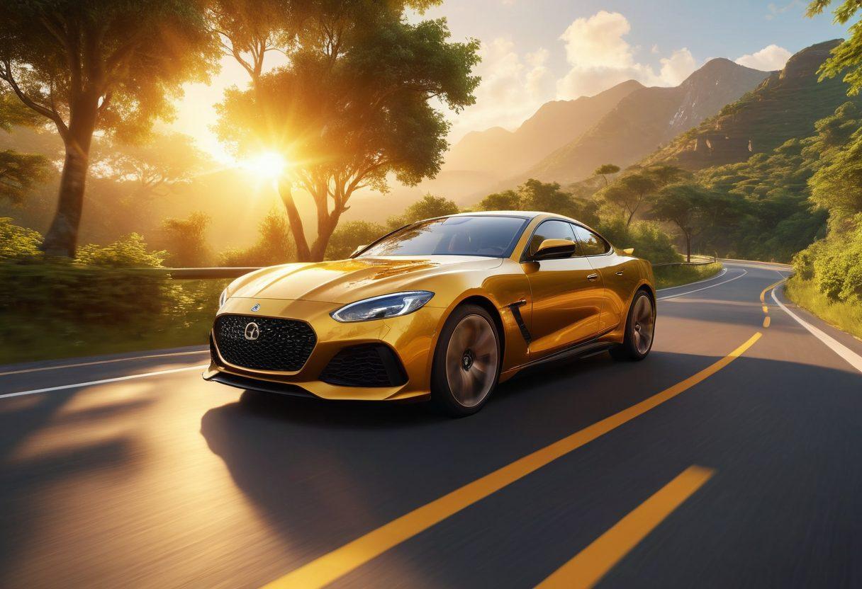 A dynamic scene showcasing a sleek, modern car cruising down a winding road surrounded by lush greenery and scenic landscapes, with the sun setting in the background casting golden hues. Include smiling passengers enjoying the ride, contributing to a sense of joy and adventure. Emphasize the car's high-tech features with glowing dashboard elements and a vibrant sky. super-realistic. vibrant colors. 3D.