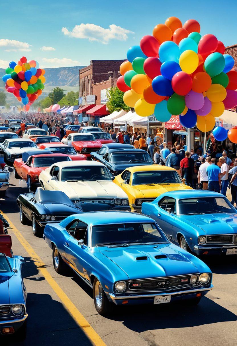 A vibrant scene of a diverse group of people joyfully exploring classic and modern cars at a bustling automotive event in Mid-America. Add colorful balloons, food stalls, and scenic landscapes in the background, showcasing the essence of adventure and community. Include a vintage muscle car prominently in the foreground. super-realistic. vibrant colors. 3D.