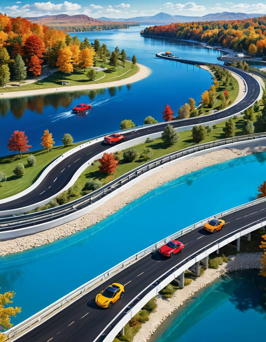 A vibrant landscape showing a diverse scene of thrilling raceways beside picturesque recreational areas like parks and lakes. Incorporate elements like racecars speeding on a track, families biking, and people enjoying water activities under a bright blue sky. Infuse a sense of adventure and fun throughout the image. super-realistic. vibrant colors. white background.